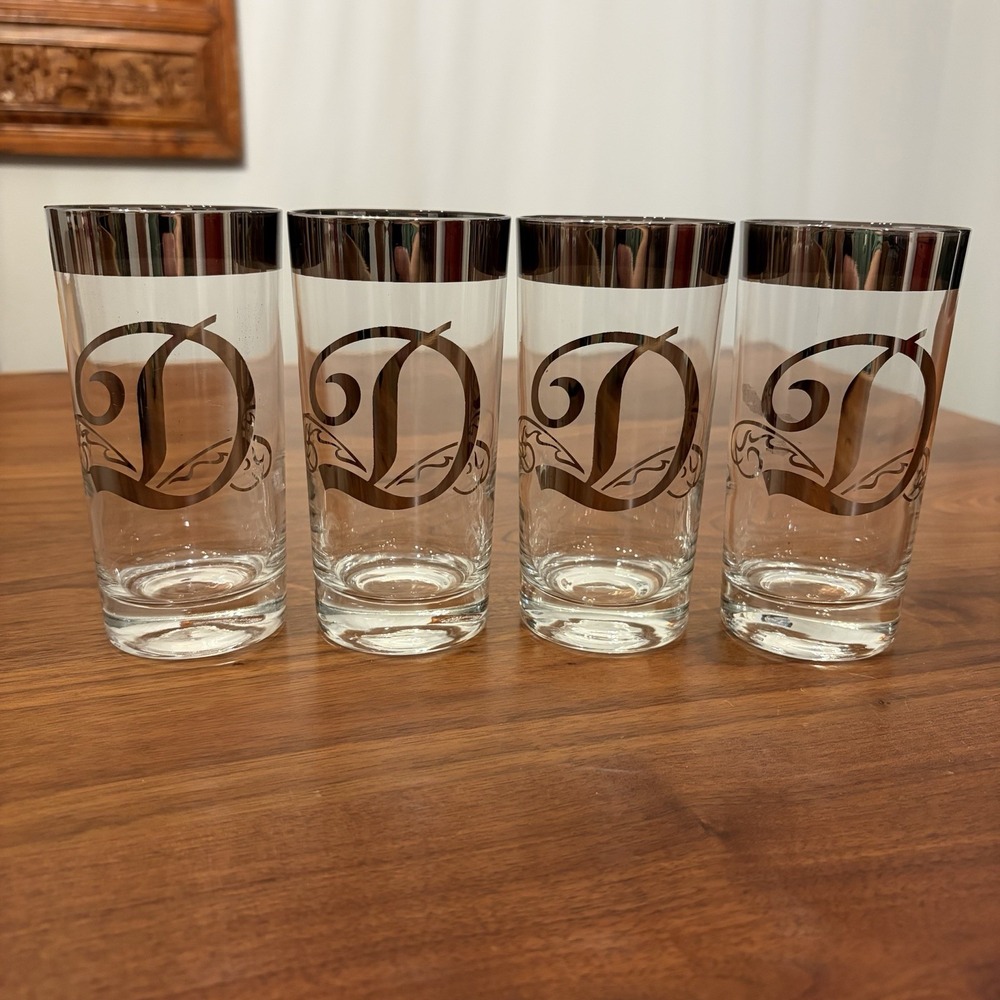 Glastonbury Monogram Platinum D Highball Glasses Set Silver Band Thorpe 4pc 8oz